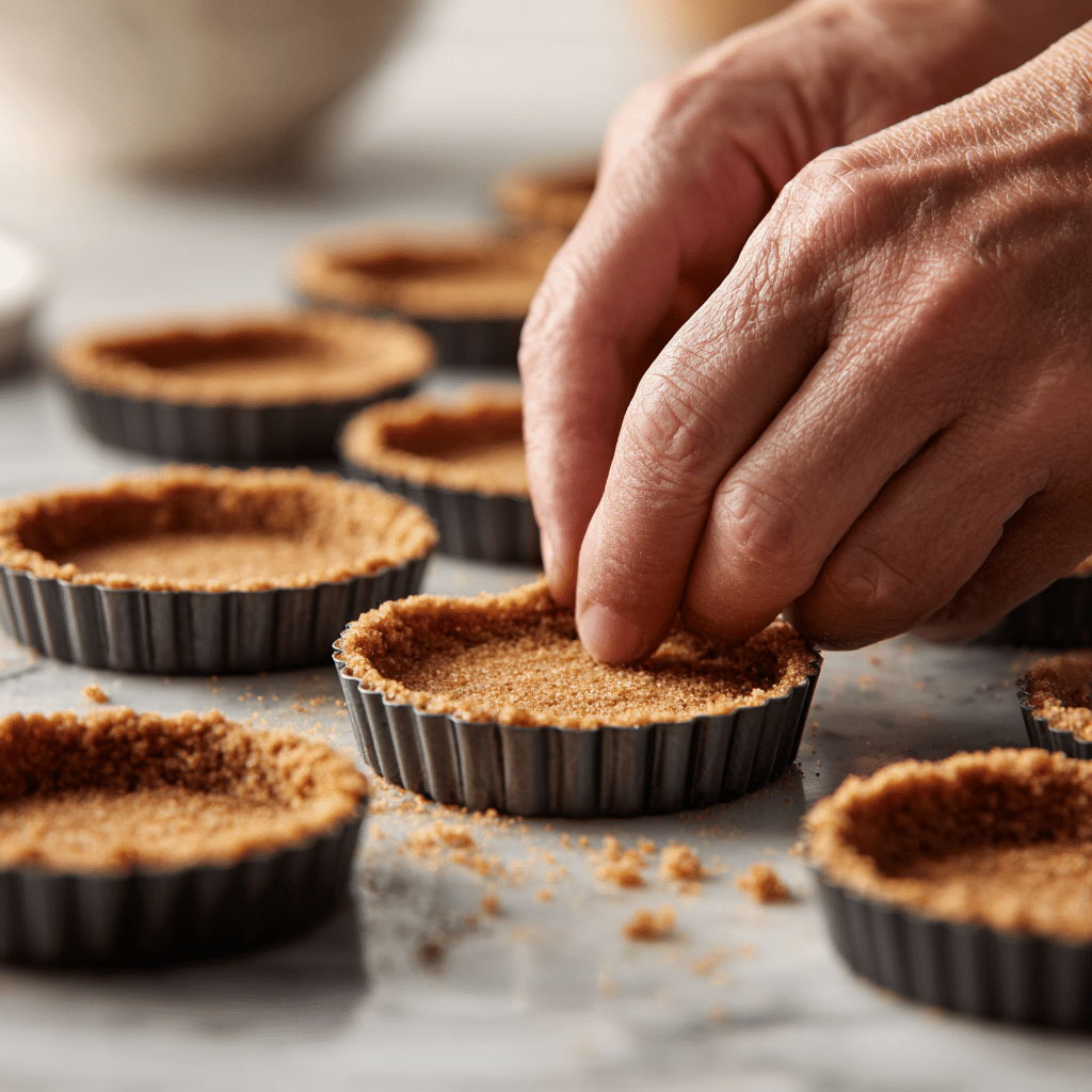 Pressing graham cracker crust into mini tart pans for Butterfinger pies