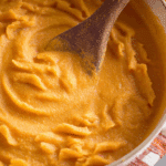 Creamy pumpkin pasta sauce recipe served on pasta.