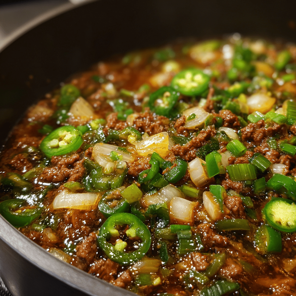 Ground beef onion and jalapeño sautéing in pot for Ranch Taco Soup