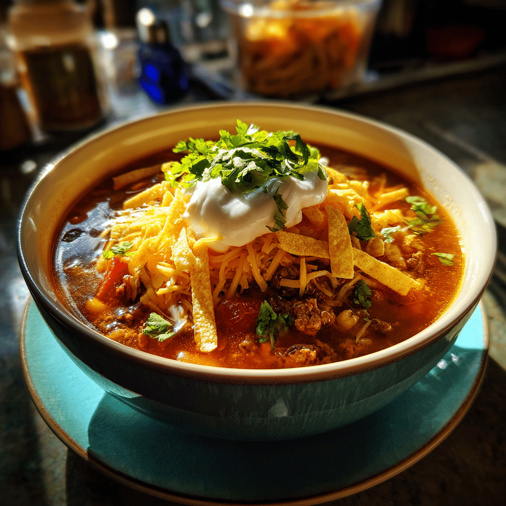 Ranch Taco Soup with toppings in a rustic bowl