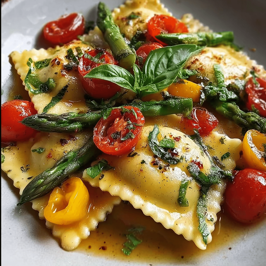 Ravioli with Tomatoes Asparagus Garlic and Herbs on plate