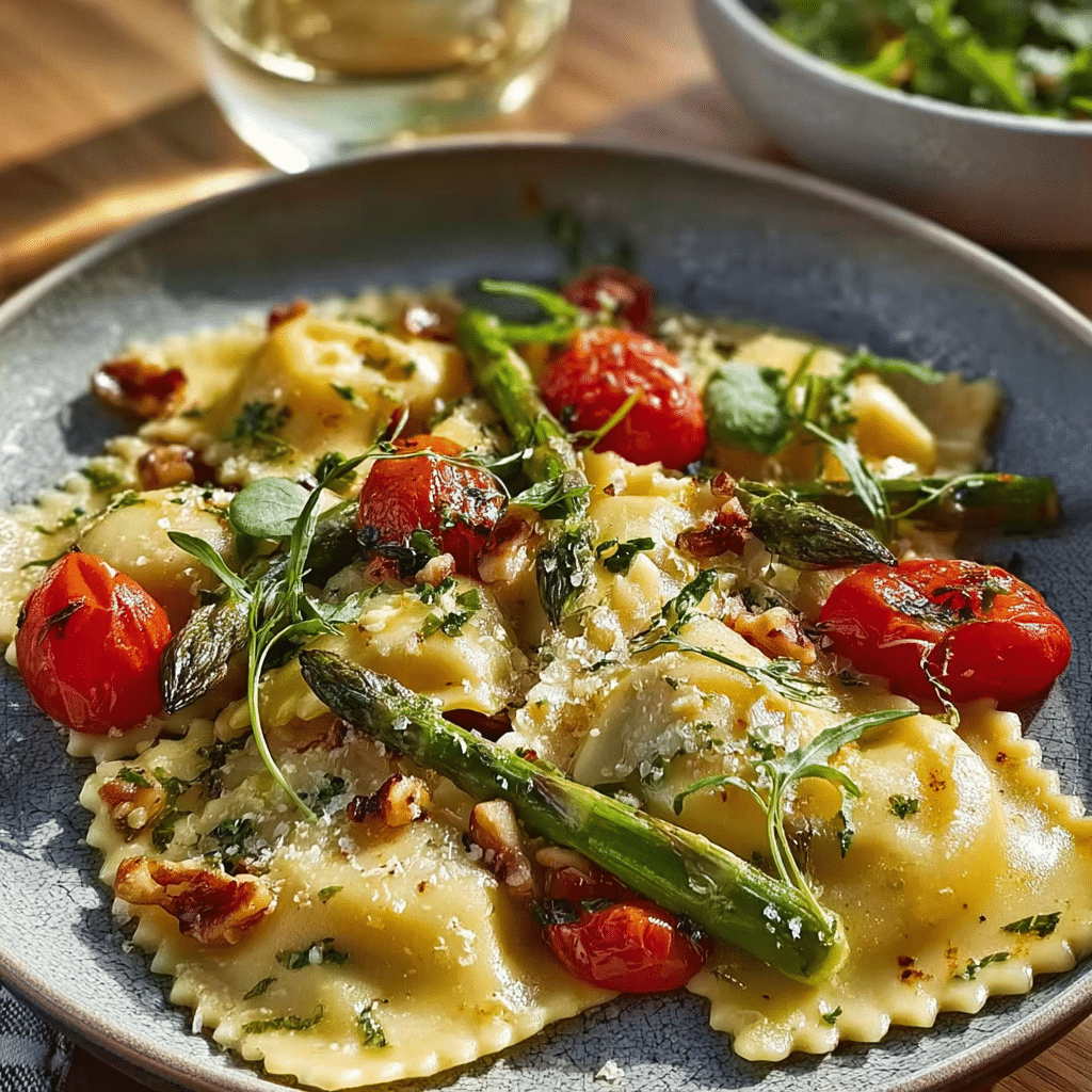Ravioli with Tomatoes Asparagus Garlic and Herbs served with wine