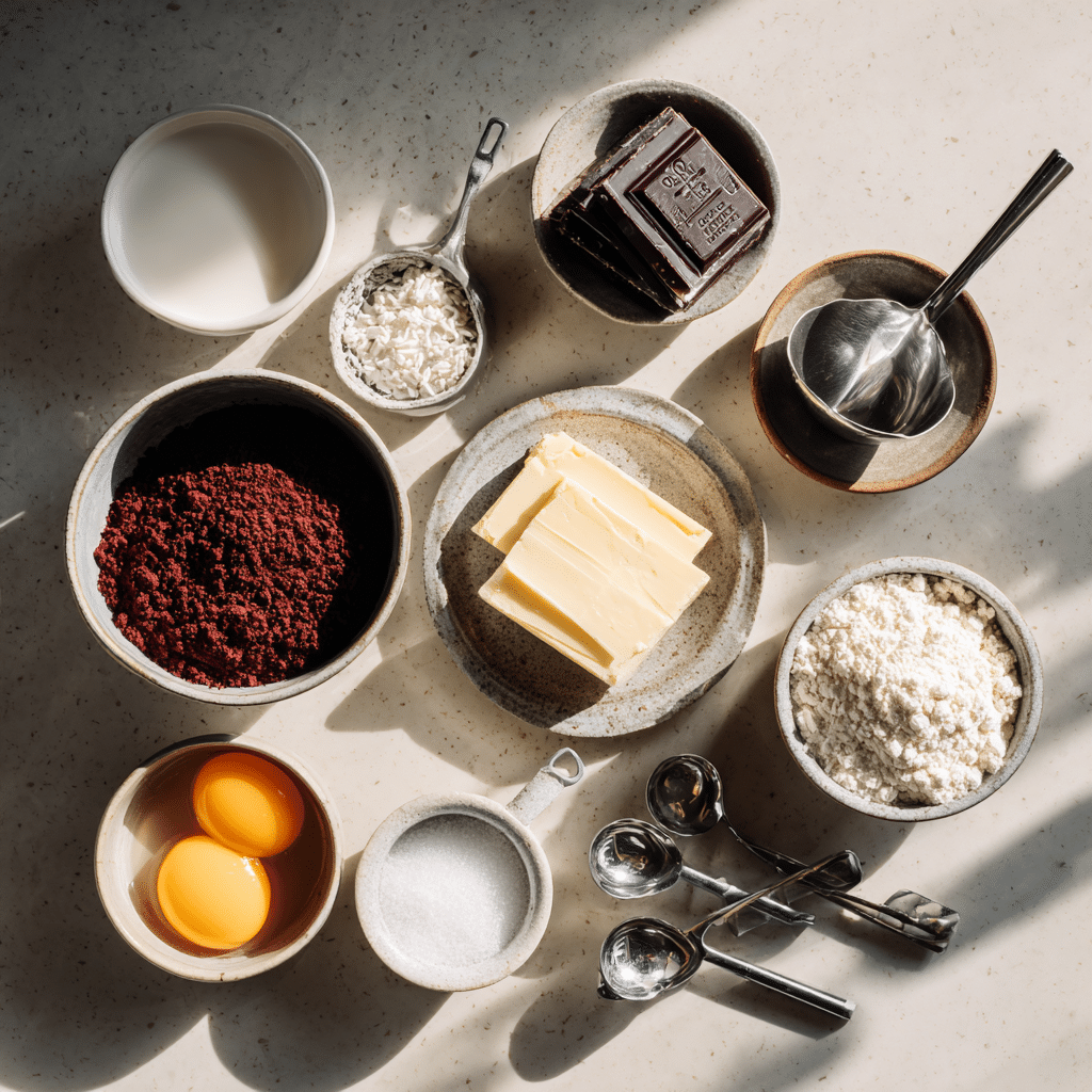 Ingredients for red velvet cream cheese brownies on kitchen counter