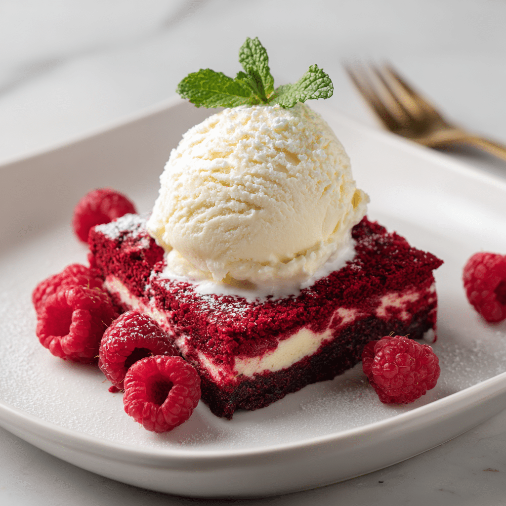 Red velvet cream cheese brownie served with vanilla ice cream and berries
