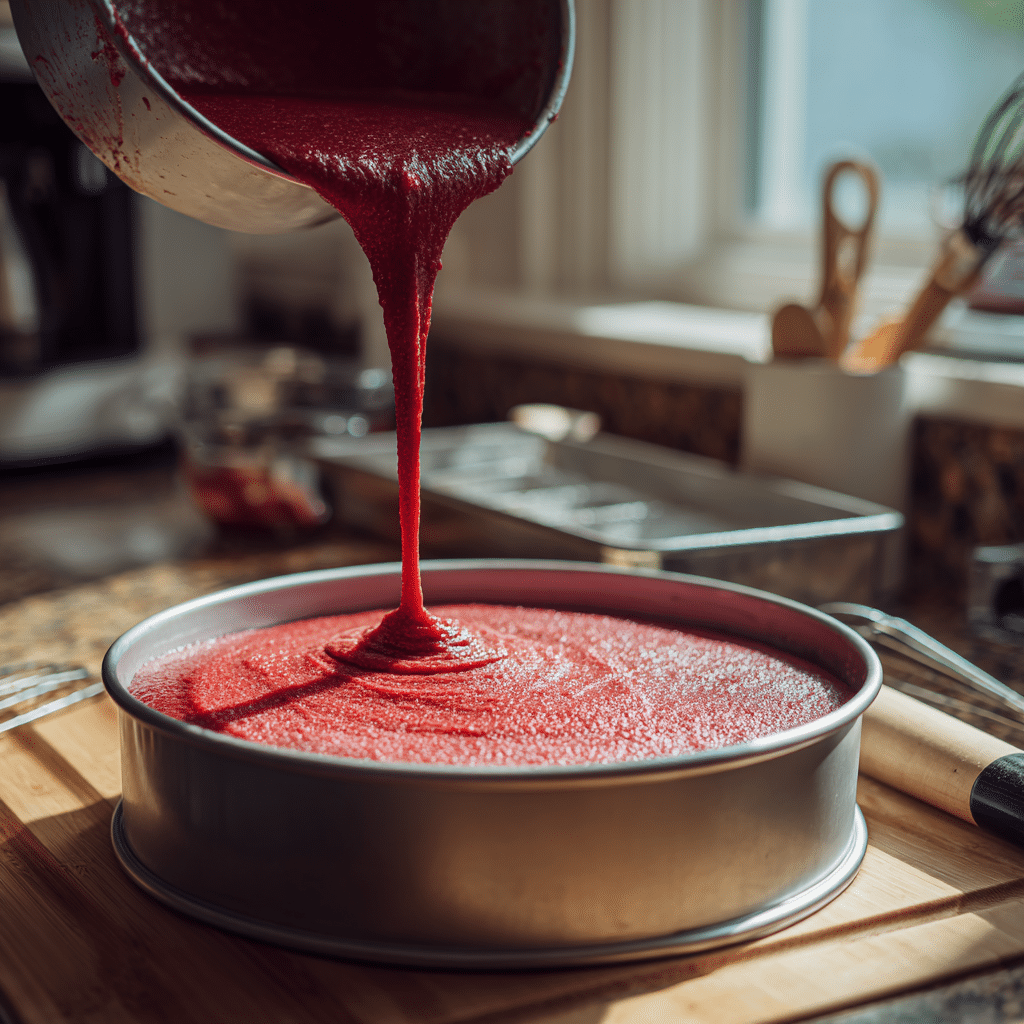 Pouring red velvet cake batter into a springform pan for cheesecake