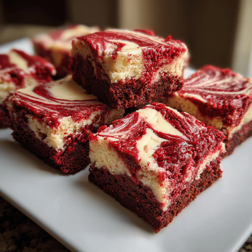 Red velvet cream cheese brownies with creamy swirls on a wooden table