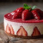 Red Velvet Strawberry Cheesecake with creamy strawberry layer and fresh berry topping