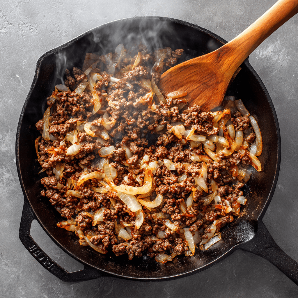 Ground beef and onions cooking in cast iron skillet