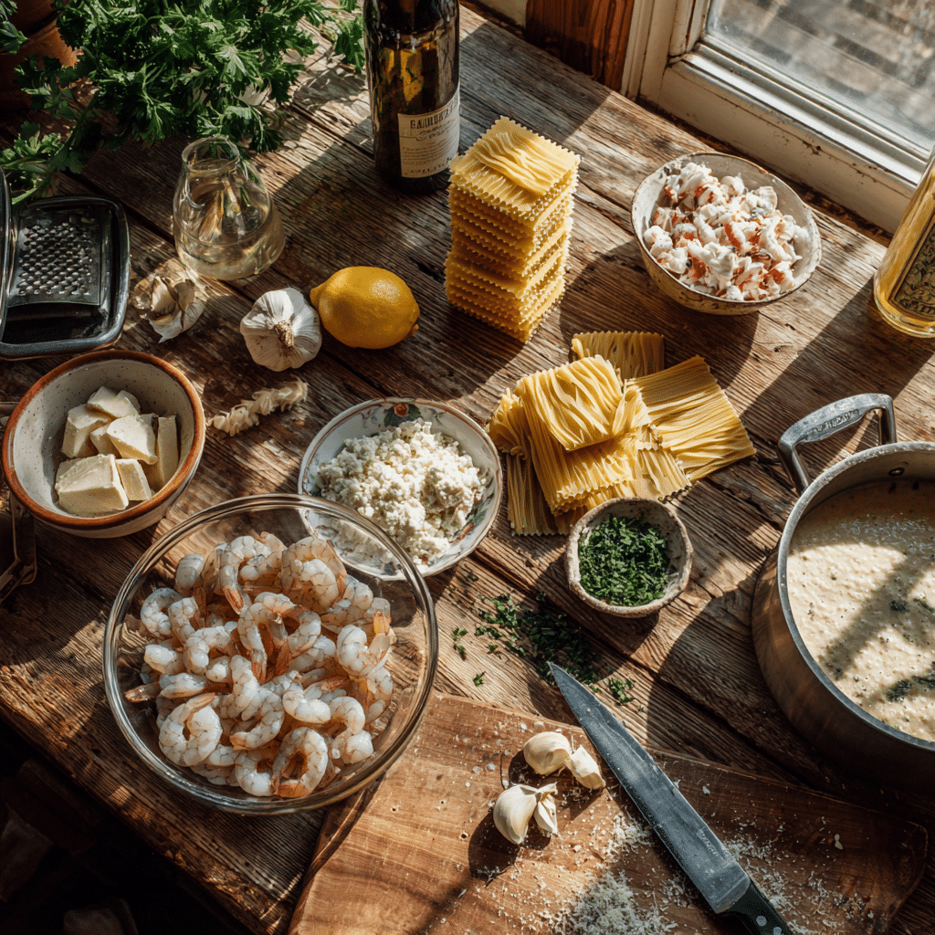Fresh ingredients for Seafood Lasagna with Shrimp and Crab arranged on a countertop