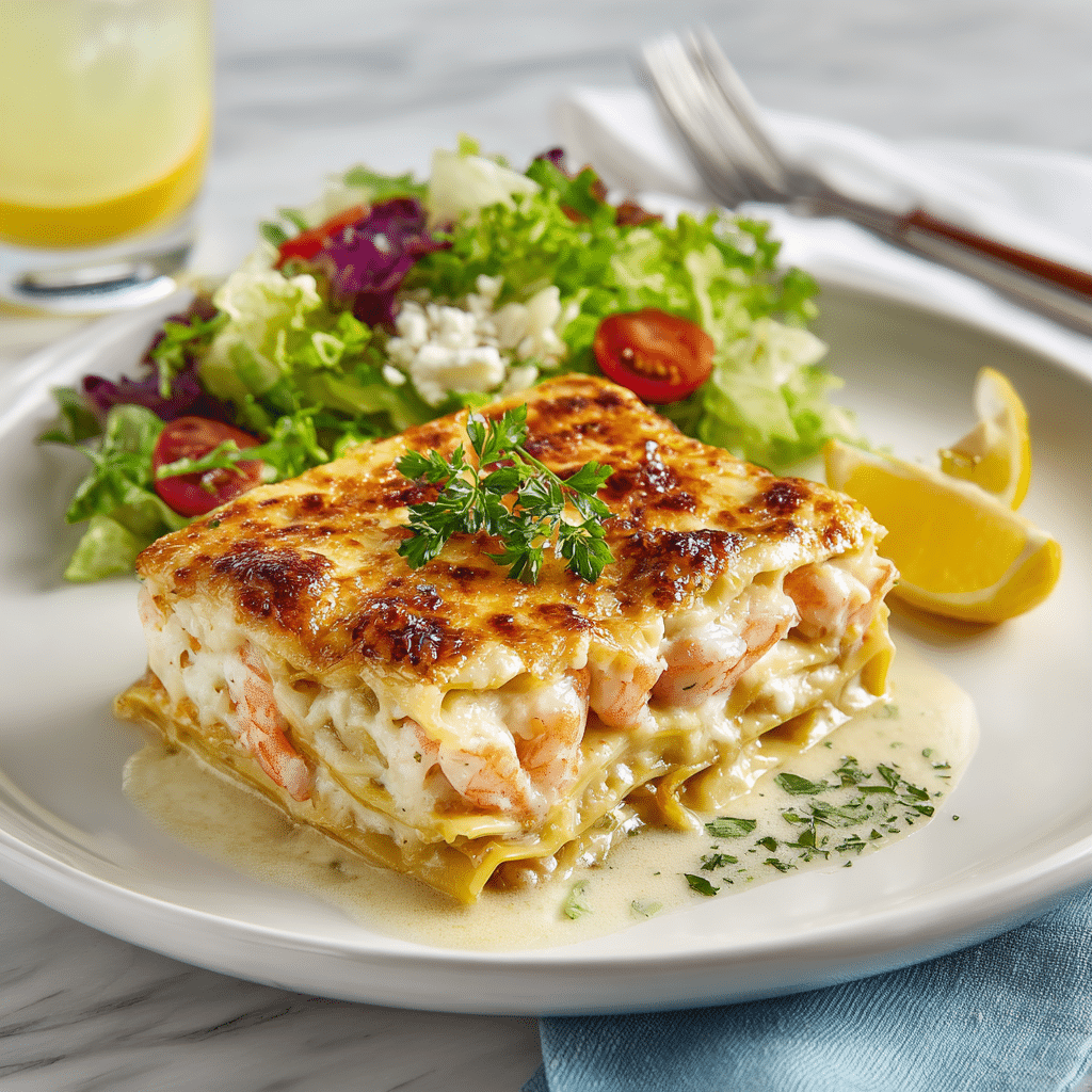  Seafood Lasagna with Shrimp and Crab served with salad 