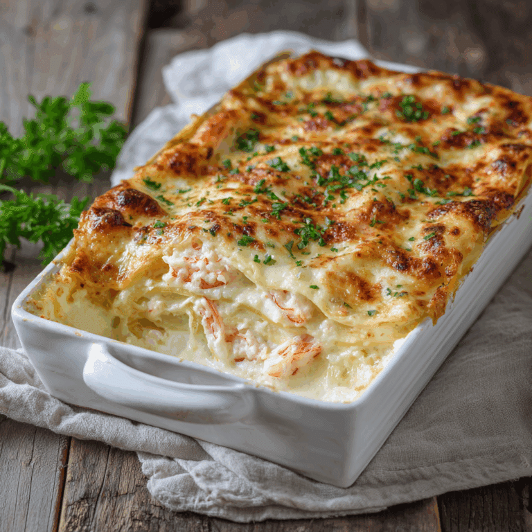 Seafood Lasagna with Shrimp and Crab baked golden with creamy sauce