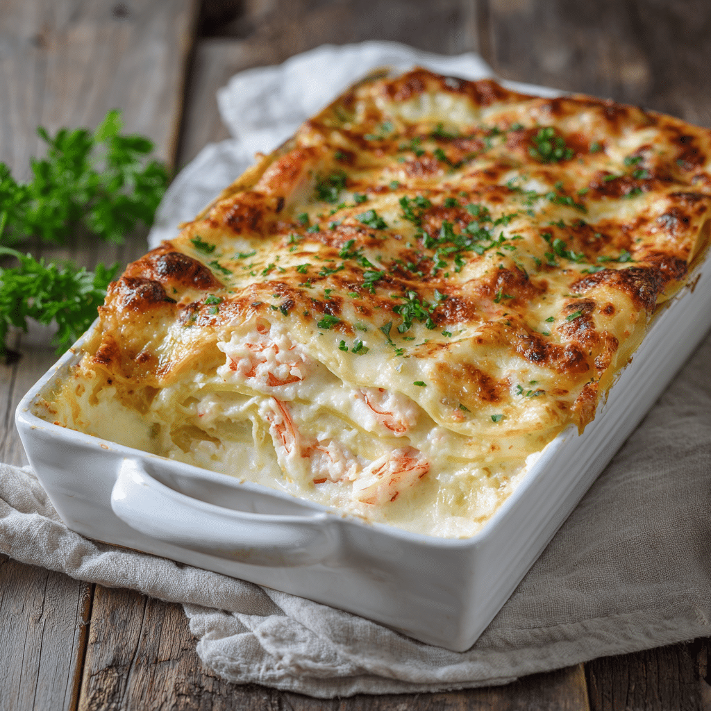 Seafood Lasagna with Shrimp and Crab baked golden with creamy sauce