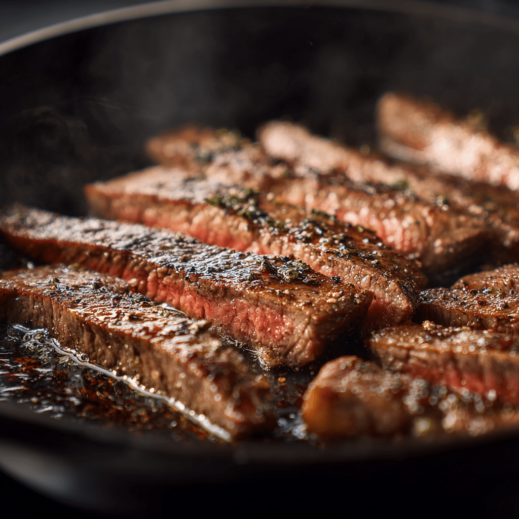 Searing steak slices for One-Pot Smoky Honey BBQ Steak Pasta