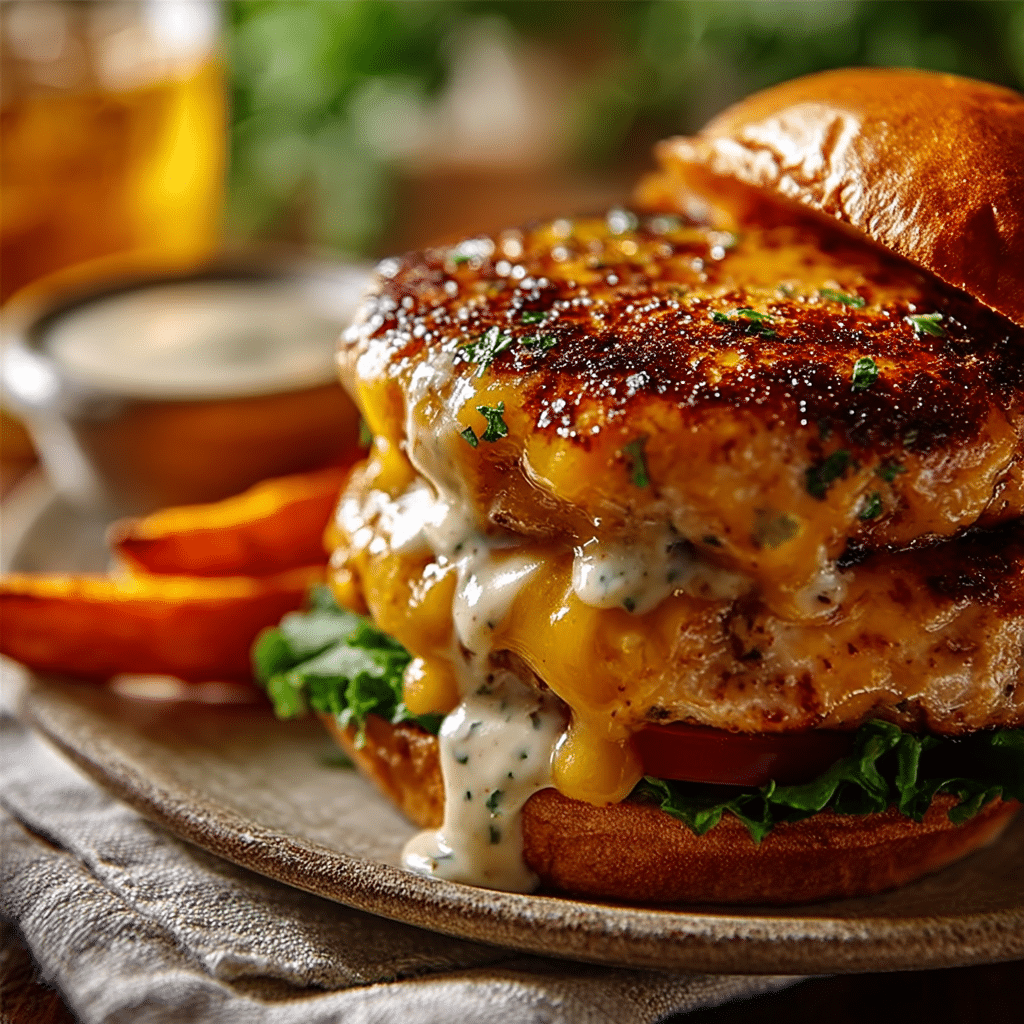 Cheddar Ranch Chicken Burger served with fries and ranch dip