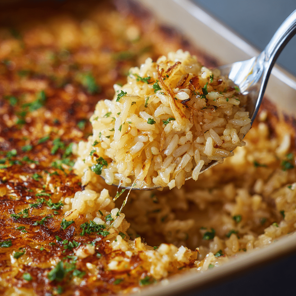 A spoonful of buttery French Onion Butter Rice being served