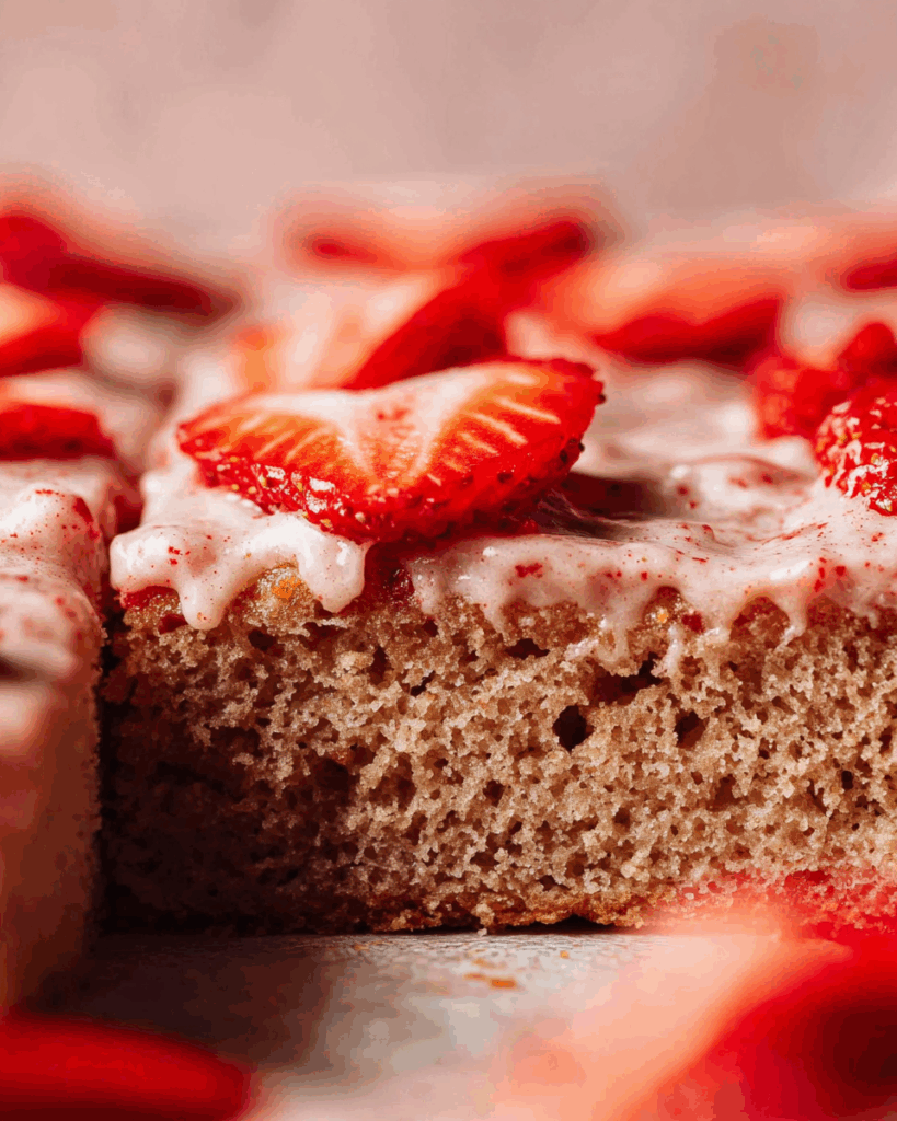 Serving Fresh Strawberry Sheet Cake with Strawberries