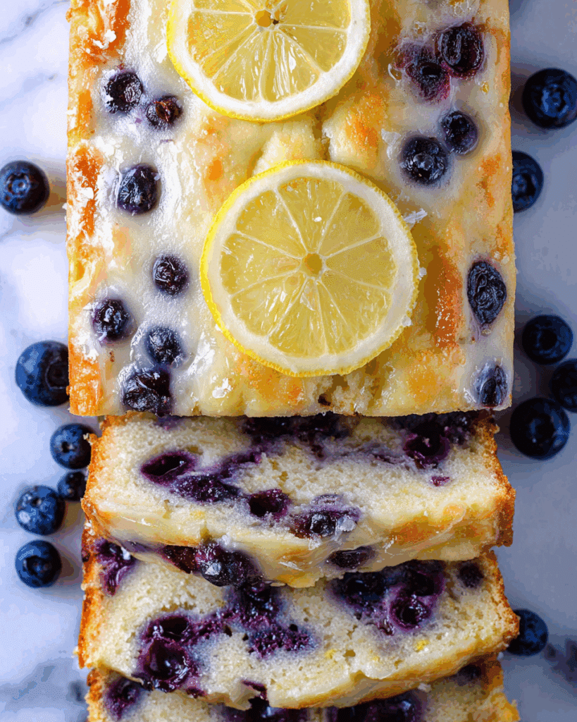 Sliced lemon blueberry bread with cream cheese spread