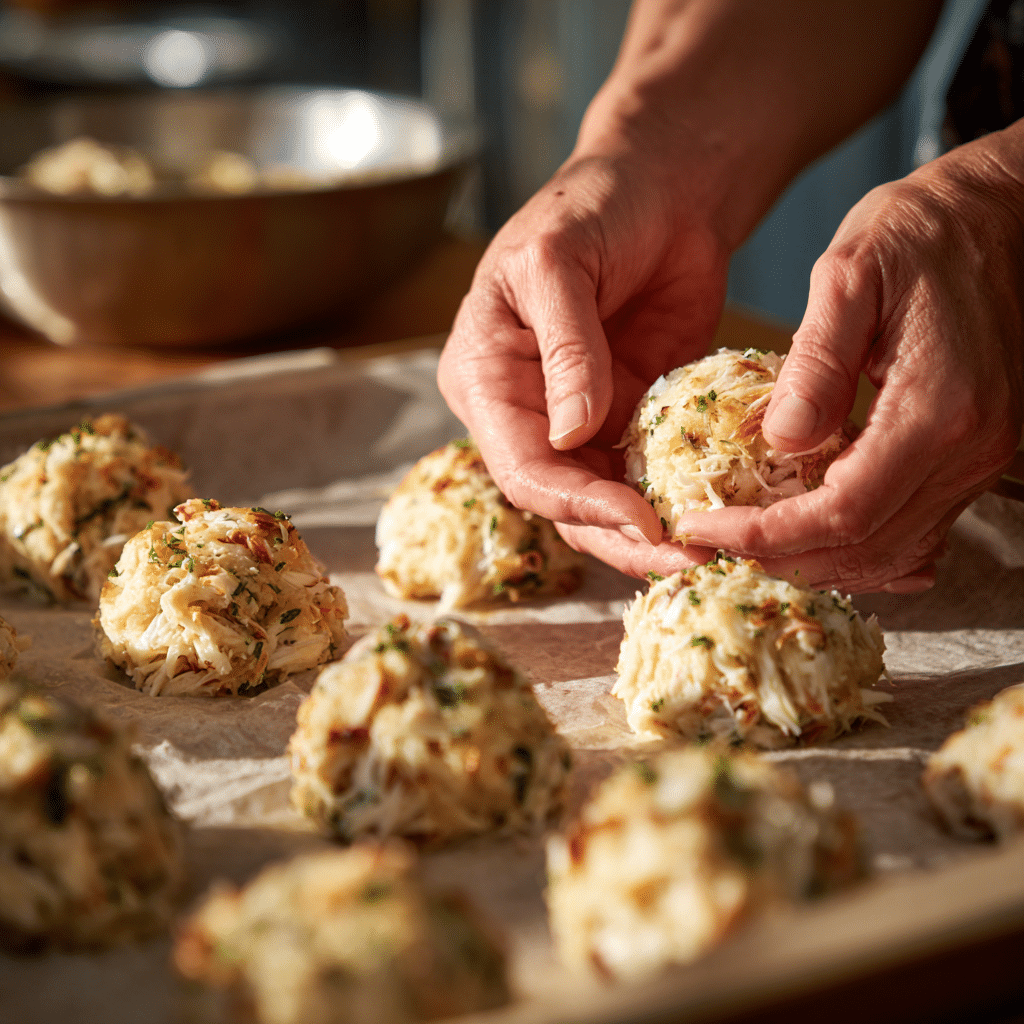 Shaping Famous Crab Bombs on baking sheet