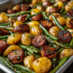 Sheet pan sausage with potatoes & green beans fresh from the oven