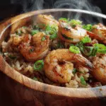 close-up of spicy shrimp dirty rice in wooden bowl