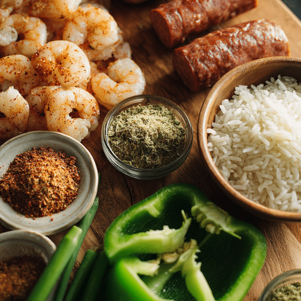 ingredients for homemade shrimp dirty rice on wooden counter