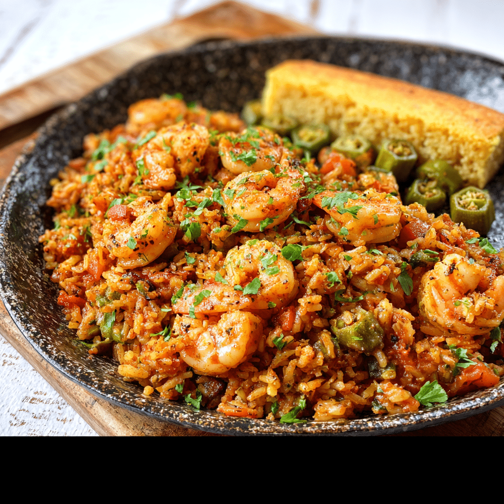 shrimp dirty rice with grilled okra and cornbread