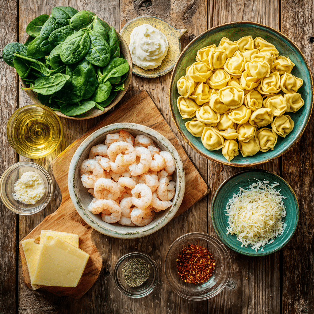 Fresh ingredients for Shrimp Tortellini with Garlic Sauce on a kitchen counter