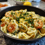 Shrimp Tortellini with Lemon Garlic Cream Sauce in skillet