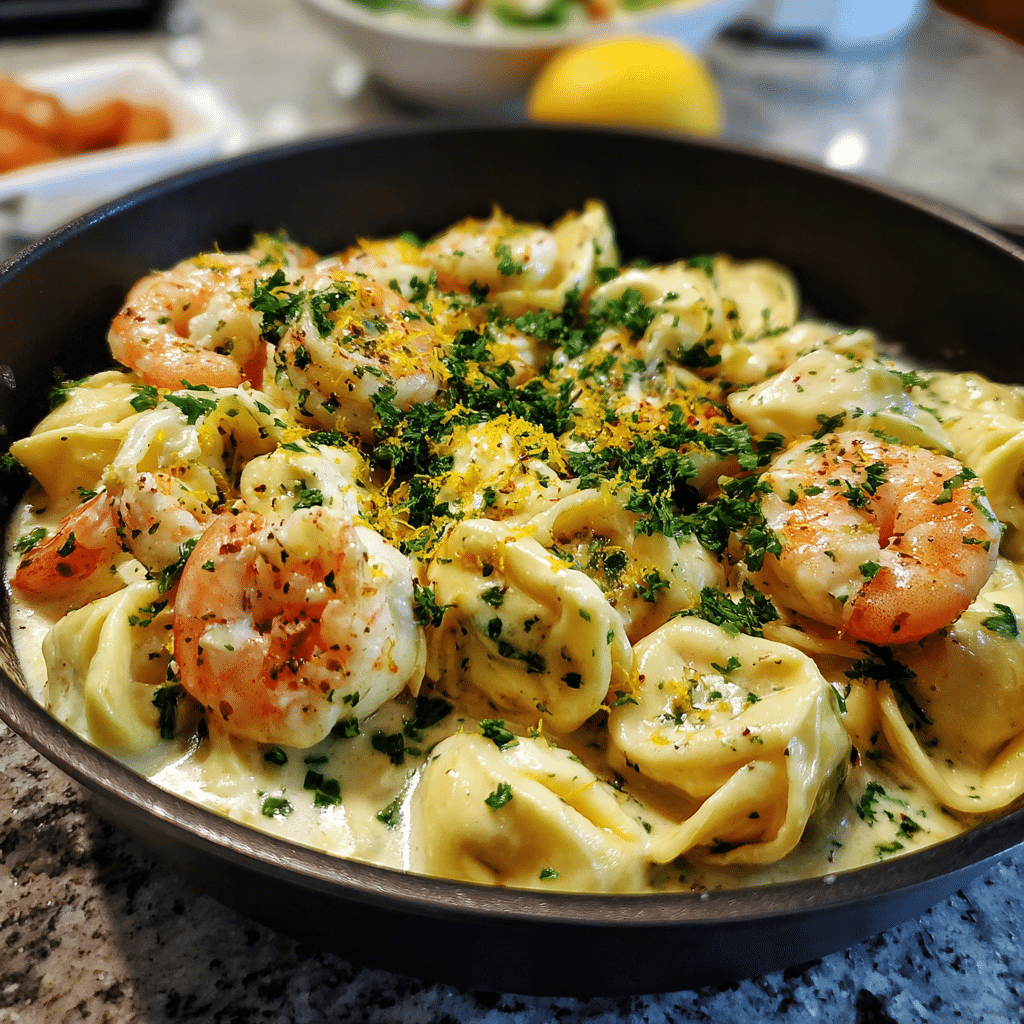 Shrimp Tortellini with Lemon Garlic Cream Sauce in skillet