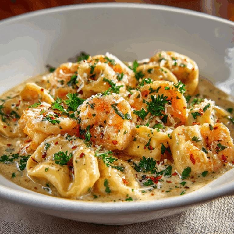 Shrimp Tortellini with Garlic Sauce in creamy garlic sauce