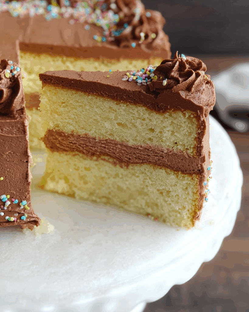 Slice of vanilla cake with chocolate mousse filling