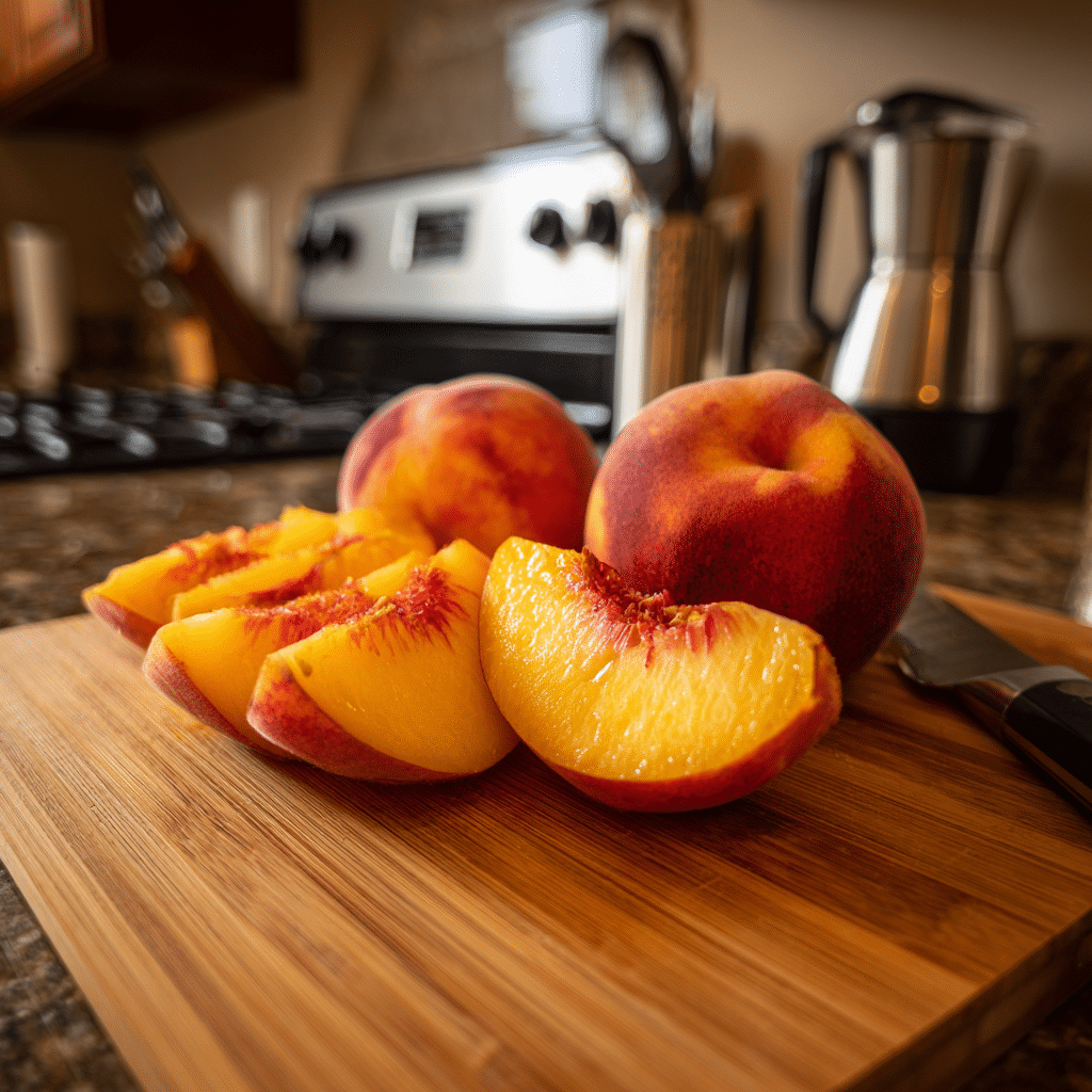 slicing ripe peaches for summer peach cake recipe