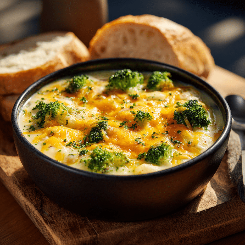 Slow Cooker Cheesy Potato & Broccoli Soup with melted cheddar and bread