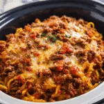 Slow Cooker Spaghetti Casserole with melted cheese and ground beef