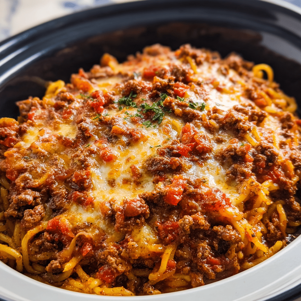 Slow Cooker Spaghetti Casserole with melted cheese and ground beef