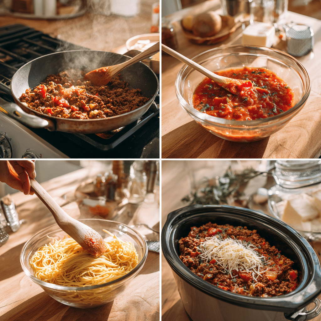 Spaghetti casserole cooking in a closed slow cooker