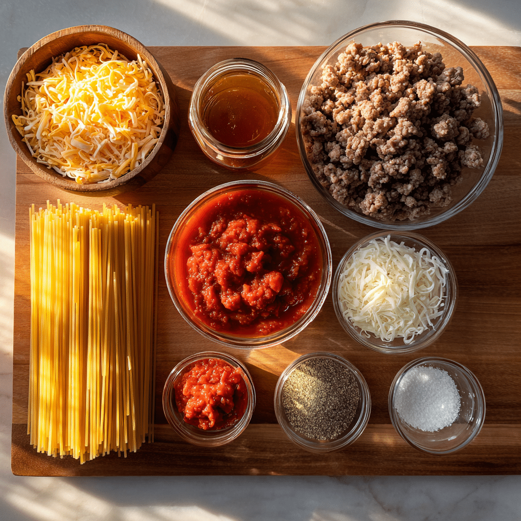 Raw ingredients for slow cooker spaghetti casserole on counter
