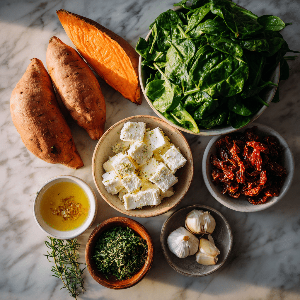 Fresh ingredients for Spinach and Feta Stuffed Sweet Potatoes