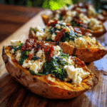 Spinach and Feta Stuffed Sweet Potatoes baked to perfection