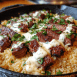 Steak & Queso Rice served in a skillet with creamy queso and fresh cilantro