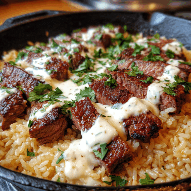 Steak & Queso Rice served in a skillet with creamy queso and fresh cilantro