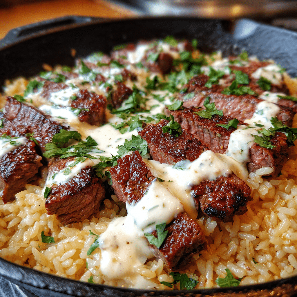 Steak & Queso Rice served in a skillet with creamy queso and fresh cilantro