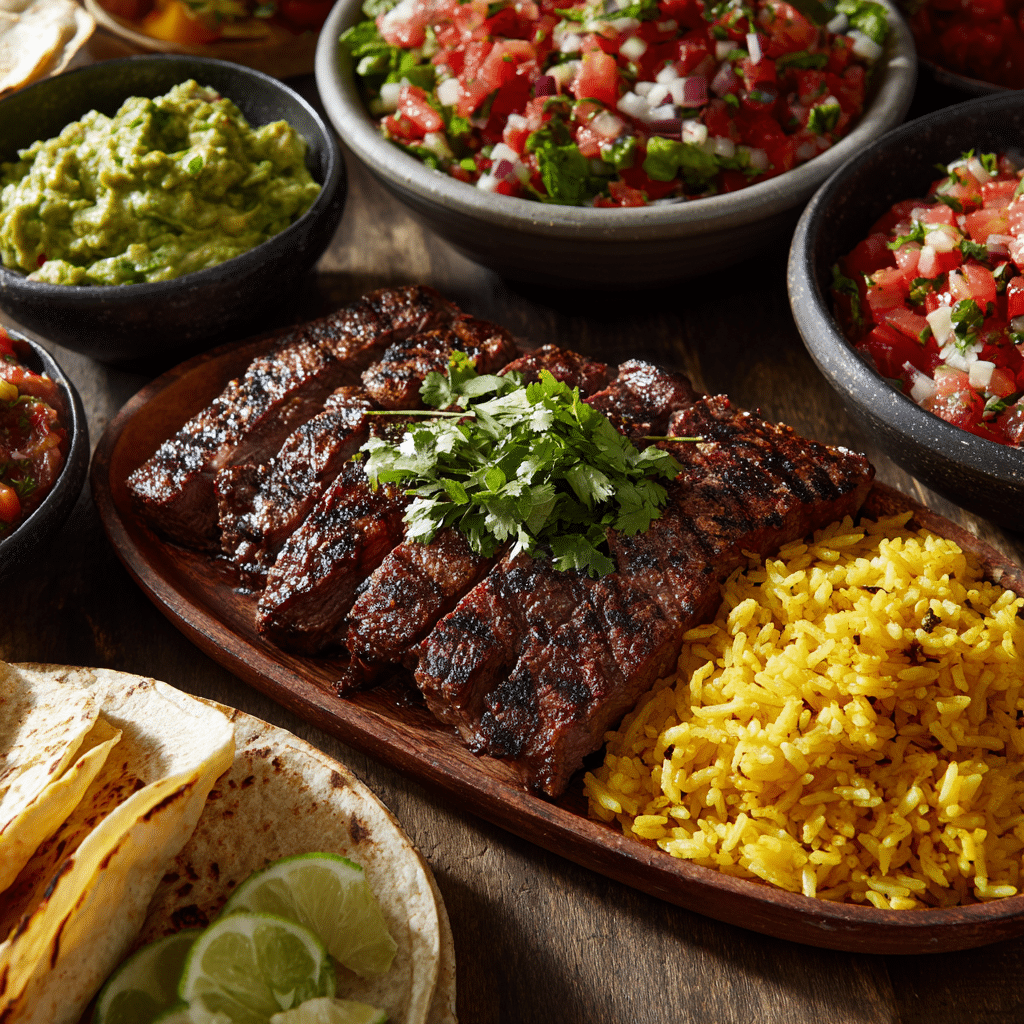 Steak & Queso Rice with Tex-Mex side dishes for family meal