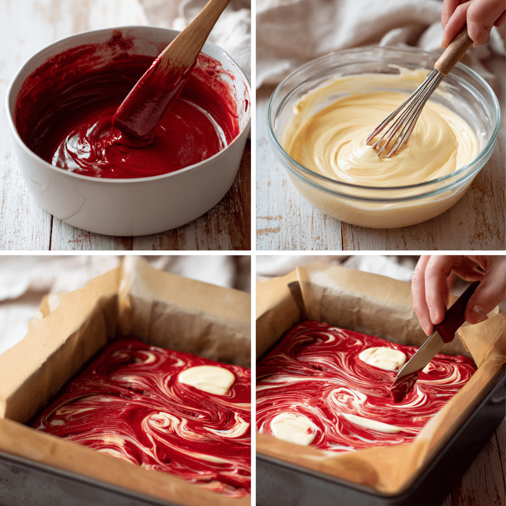 Swirling cream cheese into red velvet brownie batter with a knife