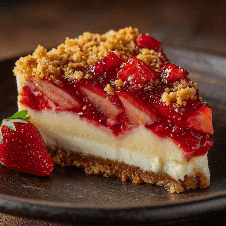 Strawberry Crunch Cheesecake with creamy layers and crunchy topping