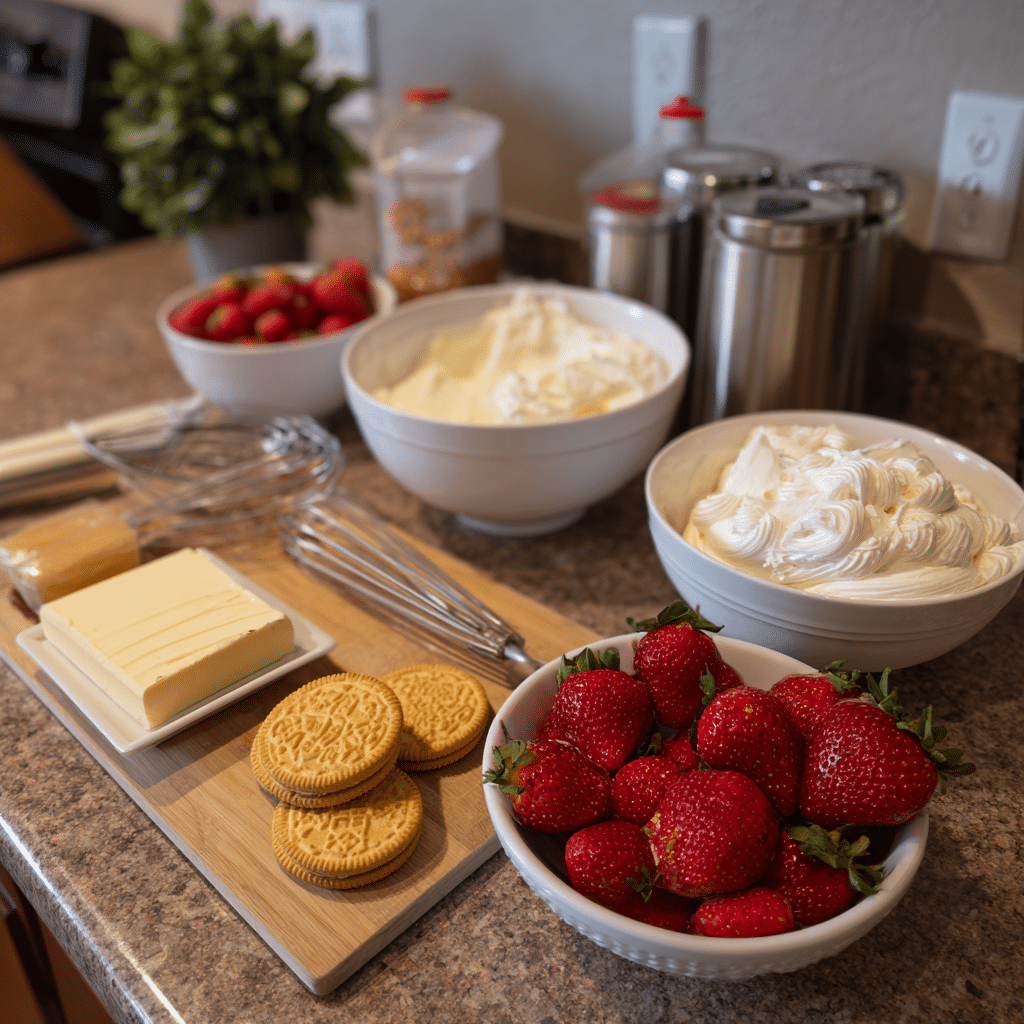Ingredients for strawberry crunch cheesecake on a kitchen counter