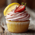 Strawberry Lemonade Cupcake with lemon wedge and strawberry garnish on rustic table