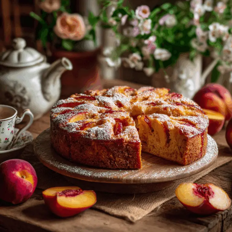 summer peach cake fresh from the oven with ripe peaches
