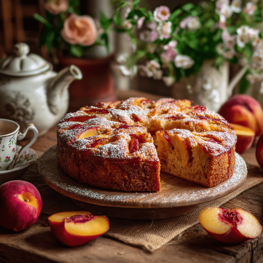 summer peach cake fresh from the oven with ripe peaches