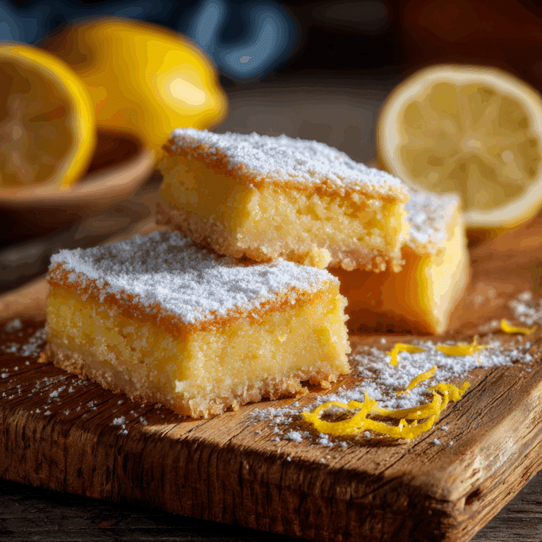 Two Ingredient Lemon Bars on wooden board with powdered sugar